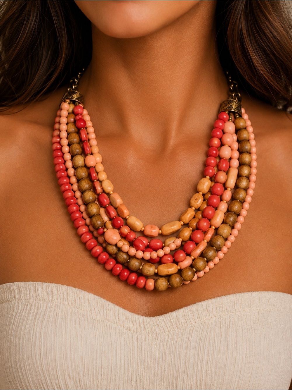 Multi Strand Mixed Bead Statement Necklace Coral Wood Pink